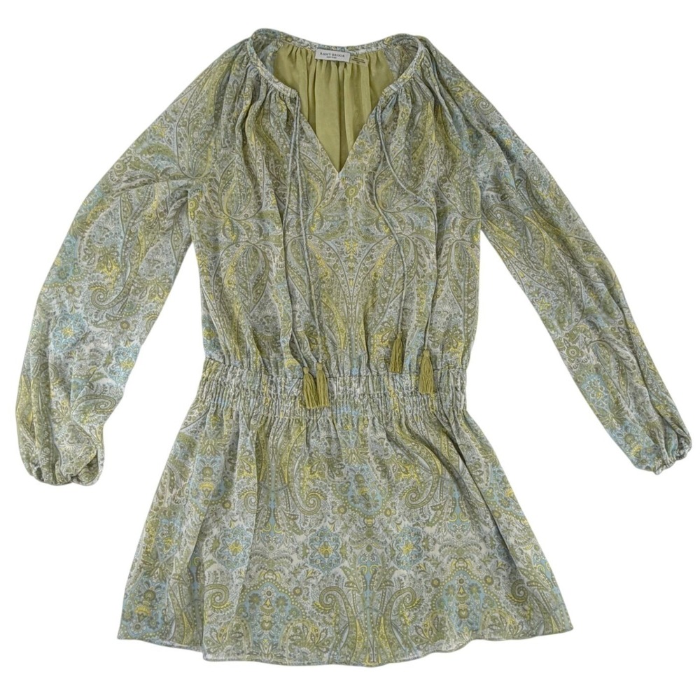 Ramy Brook Paisley Mini Dress Smocked Tassel V-Neck Women Size Medium Green Blue